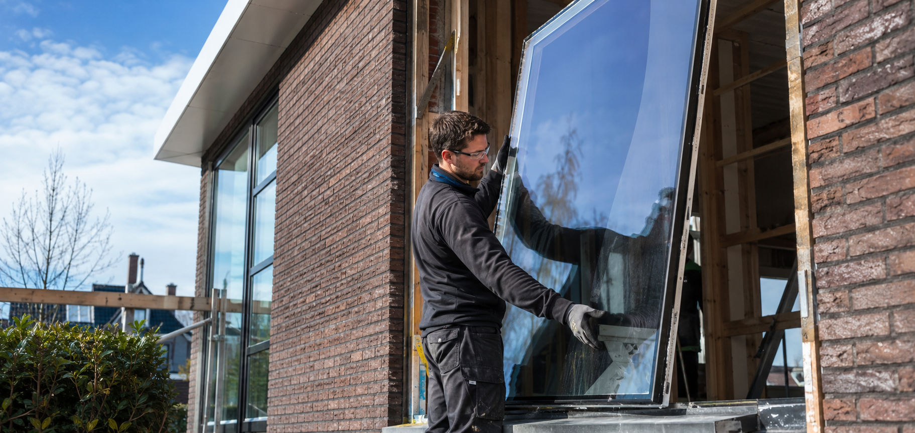 Glaszetter plaatst een grote isolatieruit bij een woning