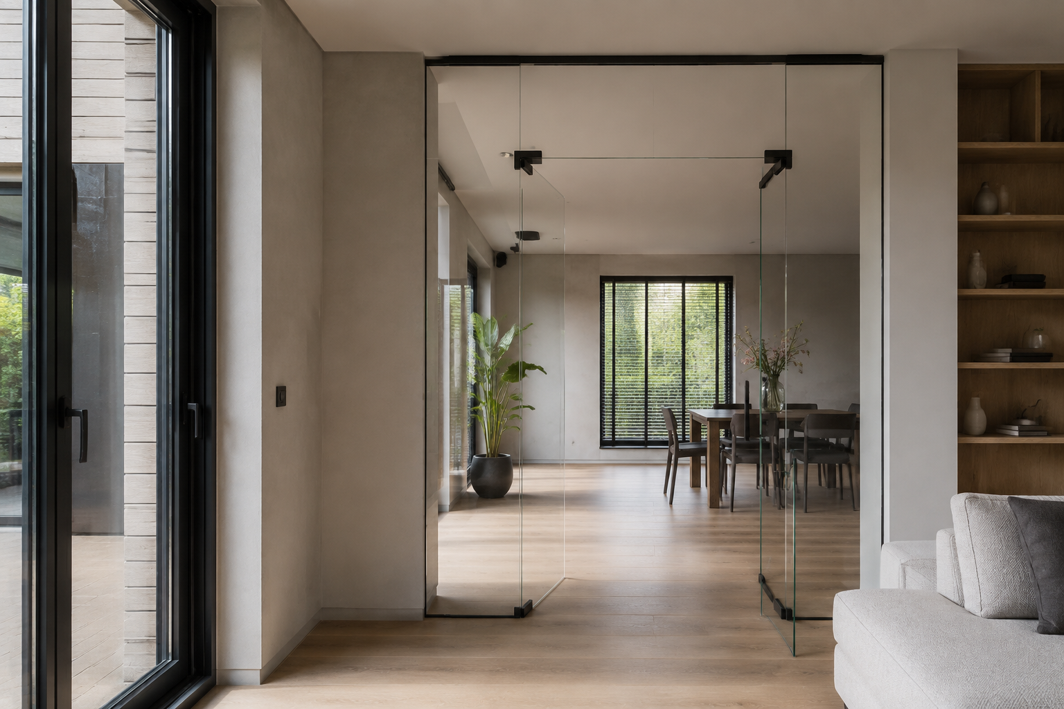 Modern interieur met een vakkundig geplaatste glazen wand